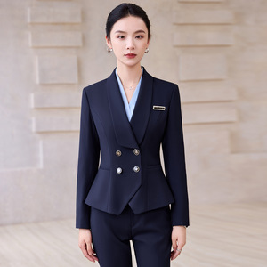Navy Blue Women's Suit Set Long Sleeve Autumn Office Lady Anti-Wrinkle Polyester Fabric - Product Image 3