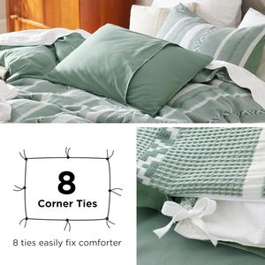 100% Cotton Waffle Weave 3 - Piece Duvet Cover Set <strong>Green</strong> and White <strong>Stripes</strong> Durable Textured Cozy for Bedroom Modern Chic <strong>Bedding</strong> - Product Image 2