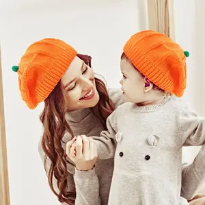 Вязаная шапка для мамы и ребенка, оранжевая шапка для Хэллоуина, Вышитая шерстяная шляпа в тыкве, пуловер, холодный Ха