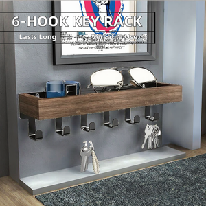 6-<b>Hook</b> Double Tier Wooden <b>Wall</b>-Mounted <b>Key</b> Rack Iron Metal Mail Organizer Multifunction Tools Home Entryway Living Room Office - Product Image 3