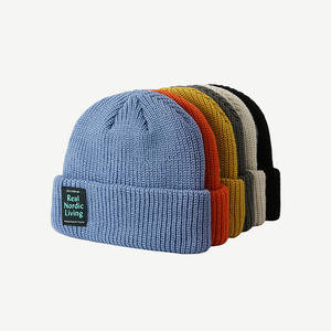 Invierno Popular imagen Color liso personalizado tejido etiqueta diseño superior acrílico térmico grueso ganchillo Unisex tejido Beanie común - Product Image 1