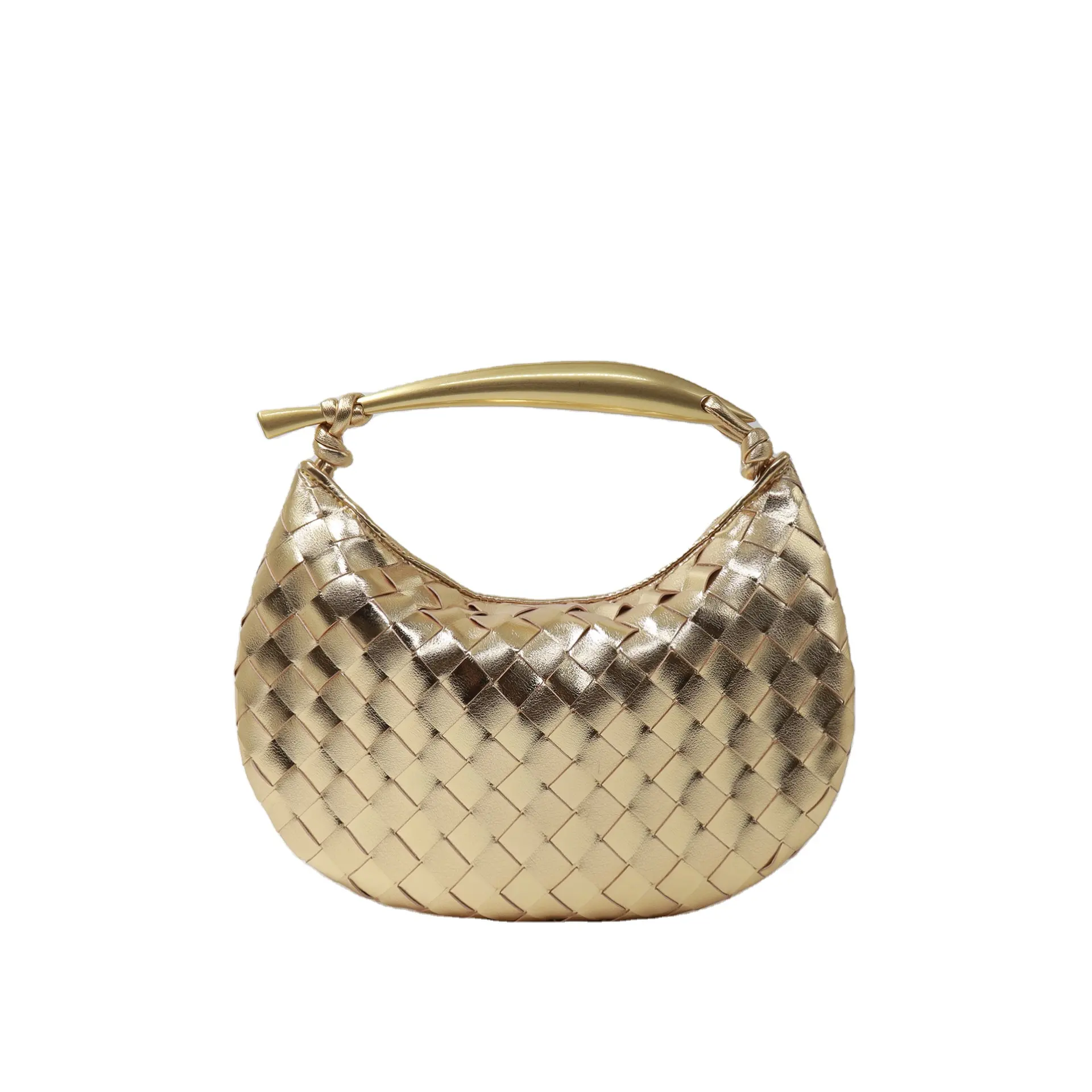 Rewin Light Weight Top Handle Soft Handmade Woven Pu Leather Clutch Handbag Gold Sardine bag For Woman