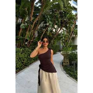 Autumn/<b>Winter</b> Casual Brown Rose Detail Ruched Blouse XL Size Cotton Knitted Tank <b>Top</b> Breathable Fashionable Crop <b>Top</b> Solid - Product Image 4