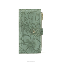 Portefeuille élégant en cuir véritable à motif floral, porte-cartes long pour femmes, pour espèces, cartes d'identité