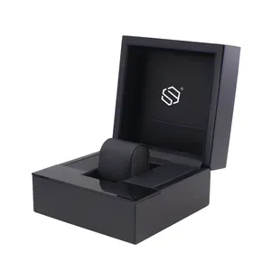 Caixa de madeira para relógio, logotipo personalizado de luxo preto lacrado relógio de madeira brilhante caixa colecionadora