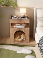 Table de chevet multifonctionnelle en bois pour animaux et humains avec niche pour chat, chargeur sans fil pour chambre à coucher