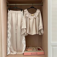 Ensemble de vêtements de nuit en dentelle 100% acétate pour femmes, manches évasées à volants, pyjama épais, fabrication sur mesure OEM ODM, marque privée, vêtements de nuit de luxe