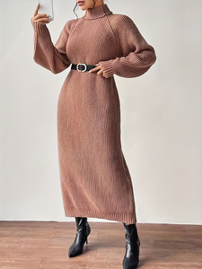 <span class=keywords><strong>Robe</strong></span> midi en tricot à manches longues de couleur unie décontractée pour femmes Col montant Pull intérieur <span class=keywords><strong>Robe</strong></span> pull - Product Image 4