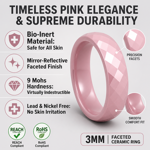 Elegante Anillo de Cerámica Rosa de 6 mm con Textura Facetada, Resistente al Agua, Ultraligero, Cómodo, de Lujo y Moda - Product Image 2