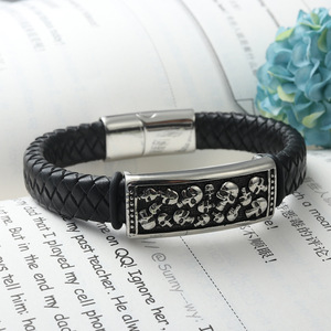 yunnique Titanium Steel Skull Bracelet Black <b>Braided</b> Leather Band Fashion Jewelry for Men Women Unisex <b>Accessory</b> - Product Image 2
