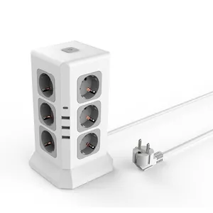 E11 Tower Power Strip Extension EU Socket Fire retardant PC Multi plug extension socket 12 EU outlets and 3 USB 1 Type-C