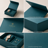 Boîte à bijoux magnétique de luxe sur mesure pour ensemble de montres avec dorure à chaud, laminage mat, gaufrage et doublure en éponge - Boîte rigide écologique