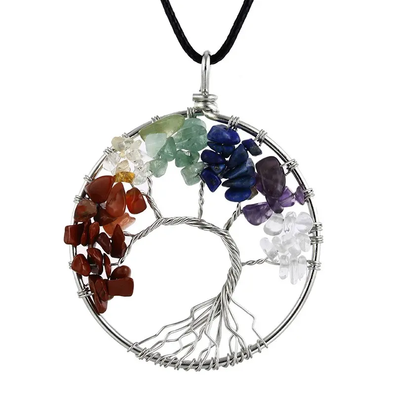 Neue 5cm 7 Chakra Baum des Lebens Pendel Silber Runde Halskette Anhänger Natur quarz Kristalls tein Anhänger für die Schmuck herstellung