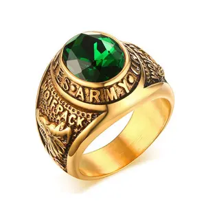 Fashion Antique Green Rhinestone Signet Finger Band Pvd Gold Plated Us Army Military Ring For Men