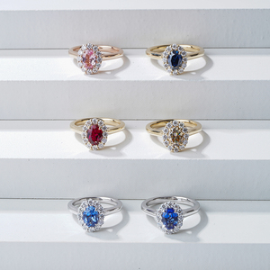 Starsgem Bộ Sưu Tập Đồ Trang Sức Tốt Hình Bầu Dục Cắt Halo Đặt Phòng Thí Nghiệm Lãng Mạn Ruby Emerald Blue Sapphire 14K Rắn Vàng Nhẫn - Product Image 3