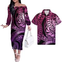 Ensemble de vêtements de luxe pour couples femmes robes de bureau Samoa Style tribal jaune vert avec hibiscus femmes robe à manches longues moulante