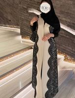 Nouvelle Abaya de Luxe Ouverte Hafizah pour Femme, Robe Longue Cardigan Noire et Blanche avec Bordure en Dentelle, Modeste, Style Musulman Islamique, Kaftan Dubaï, Jalabiya