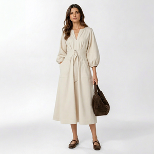 Vestido de verano moderno de algodón y lino, largo hasta el suelo, liso, transpirable, con cuello en V, manga abullonada, cinturón y lazo en la cintura, corte holgado y acampanado, tejido. - Product Image 1