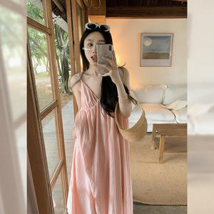 Pink Knee-Length Satin V-Neck Loose Fit Sleeveless Breathable Beach Sundress Summer Casual Wear - Product Image 1