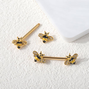 Anneaux de langue de mamelon en acier inoxydable Bee Barbell Yellow Nipple Piercing Jewelry Body Retainer 14G - Product Image 3