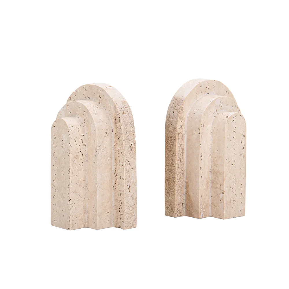 Moderno cumple con el diseño clásico de piedra Natural Accesorios de escritorio arco decorativo Beige travertino sujetalibros para sala de estar estante de escritorio