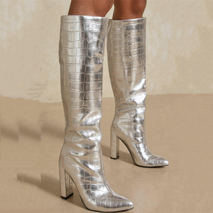 Trendy Gold Silver Shoes <b>Boots</b> High Chunky Heel Knee High <b>Boots</b> for Women Stone Print Slip-on Size 43 - Product Image 5