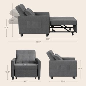 Modern 3-in-1 Convertible Futon <strong>Sofa</strong> <strong>Bed</strong> Linen Fabric Adjustable Backrest Wooden Extendable Recliner for Living Room - Product Image 2