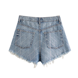 Nouveaux shorts en jean pour femmes à taille haute avec franges, poche latérale zippée, style vintage brillant et décontracté - Product Image 3