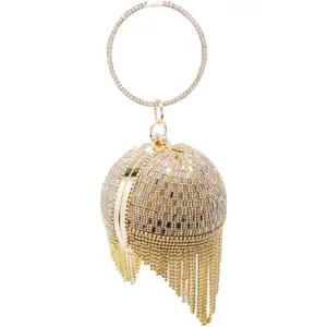 Bolso de mano de bola redonda de cristal para mujer, cartera de mano de noche con borlas para fiesta de boda