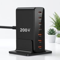 Chargeur de bureau vertical 200W GaN avec base fixe pour la maison, le bureau, le dortoir, station de charge USB C PD 100W max 7 ports