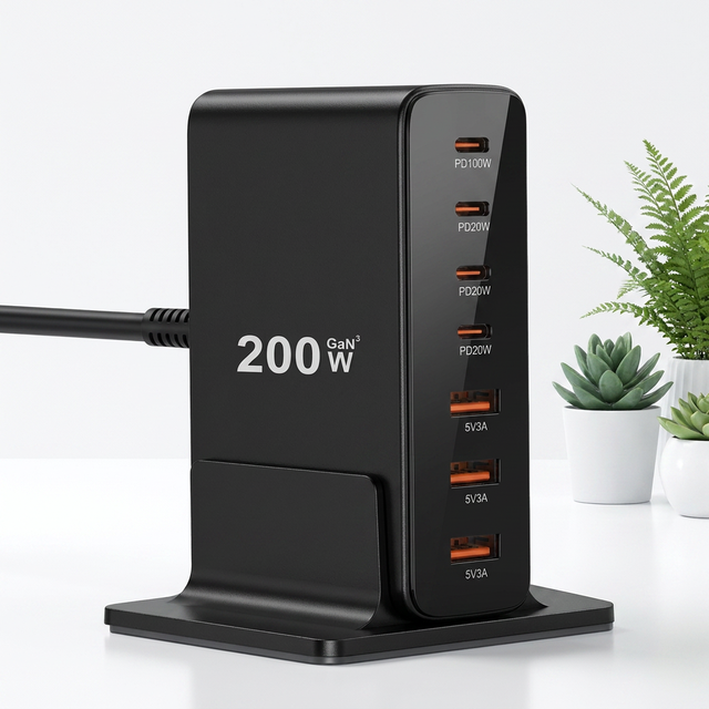 Vertical 200W GaN Desktop Charger with Fixed Base for Household Desk Dorm Office 100W Max 7 Ports USB C PD Charging Station
