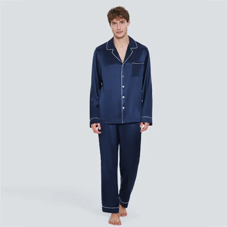Conjunto de pijama de seda mulberry 100% para hombre, ropa de dormir de satén con bordado personalizado, manga larga de lujo, 2 piezas