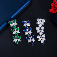 Parure de bijoux de luxe brillante pour mariée, avec collier et boucles d'oreilles en feuilles et fleurs vertes en zircon cubique, plaqué argent brésilien, pour femme