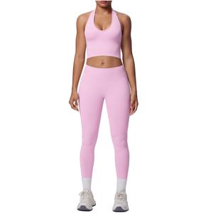 Ensemble de yoga 2 pièces pour femme avec haut dos nu et leggings sans couture taille haute effet push-up, personnalisable avec logo – Tenue de sport athlétique - Product Image 1