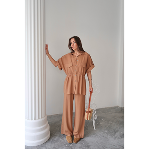 ชุดเสื้อเชิ้ตผ้าลินินและกางเกงขายาวสีน้ำตาลเอวผูกเชือก ชุดผู้หญิงไซส์ S - Product Image 6