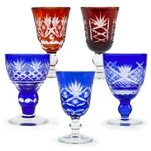 Customized hand carved blue red cocktail juice wine glass for Holiday Gift