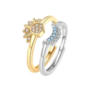 Cincin pasangan dua nada emas perak kreatif mode cincin Pria Wanita hadiah bertatahkan berlian langit matahari dan bulan perhiasan cincin