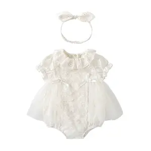 Boutique White Lace Baby Baptism Romper Dress+Headband Girls Baby Girl Birthday Party Dress One Year Girls Clothes
