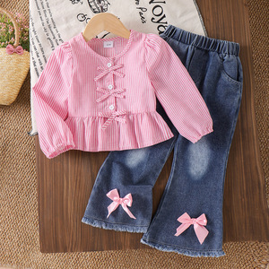 Nuovo Stile Autunnale Top a Righe Rosa con Jeans <span class=keywords><strong>Abbigliamento</strong></span> per Ragazze Stile Dolce Vendita all'Ingrosso - Product Image 1