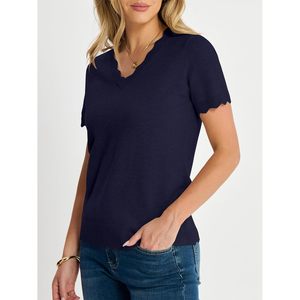 FOXA Pull en tricot côtelé à manches courtes et col en V pour femme, haut décontracté léger d'été - Product Image 5