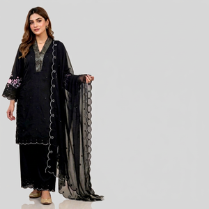 Conjunto de 3 Piezas de Salwar Kameez Pakistaní Bordado en Negro para Mujer, Traje Tradicional Holgado de Largo Completo para Uso Casual - Product Image 5