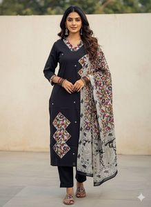 Ensemble Salwar Kameez en coton pour femmes, bleu imprimé, col en V, longueur cheville, coupe classique, tenue traditionnelle indienne/pakistanaise pour l'été et les fêtes - Product Image 2