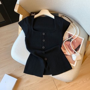 Haut en tricot à manches courtes avec un col <span class=keywords><strong>carré</strong></span>, au design doux et élégant, coupe ajustée et ourlet fendu - Product Image 5
