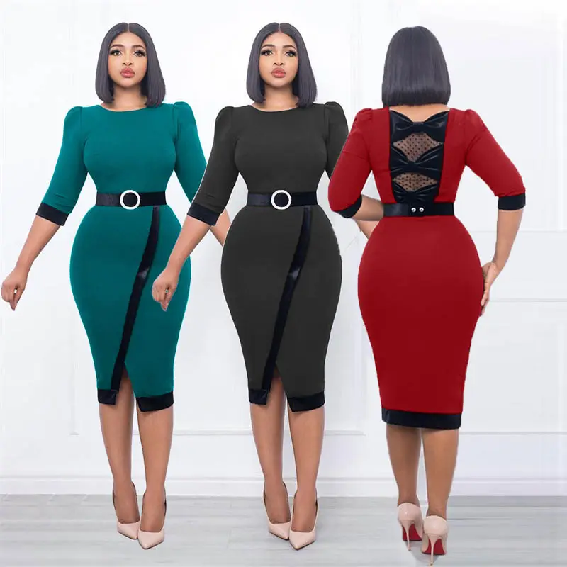 Die neuesten Frauen Karriere Kleider Color-Block Bodycon Kleid mit Gürtel Bleistift Karriere Kleider bescheiden