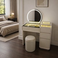 Bureau de toilette moderne extensible avec miroir rond éclairé sur pied et plateau en verre, combinaison commode à 3 tiroirs pour hôtels et chambres à coucher