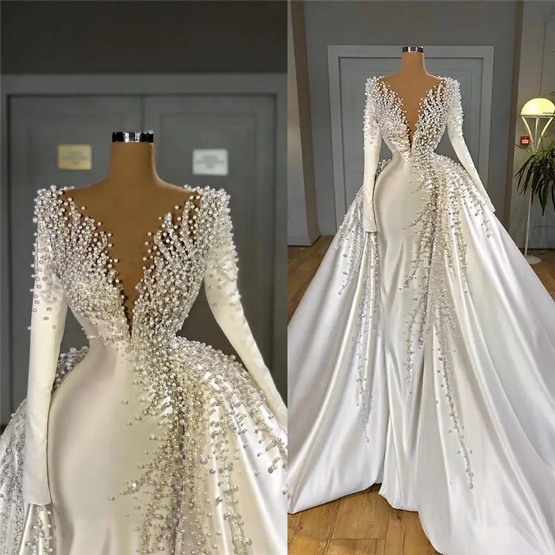 Luxury Deep V-neck Long Sleeve Sheath Wedding Dress Beaded Saudi Arabia Bridal Gown With Detachable Tail