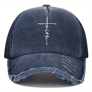 Faith Cross Impreso Gorra de béisbol Vintage Raw Hem Lavado Desgastado Malla transpirable Sombrero para el sol Sombreros ajustables para papá - Product Image 3
