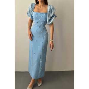 Elegante Vestido de Noche Azul Celeste de Satén con Cuello Cuadrado, Espalda Descubierta, Cintura Natural y Mangas Abullonadas - Product Image 6