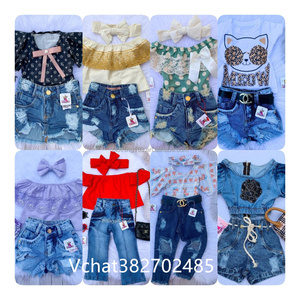 库存夏季女孩2pcs服装套装婴儿条纹糖霜褶边衬衫镂空牛仔裤秋季女孩连衣裙 - Product Image 1