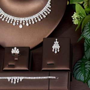 4Pcs Bijoux de mariage goutte d'eau Sets Bride White Zirconia Necklace and Earrings Ring Bracelet Holiday Gifts S-425 - Product Image 3